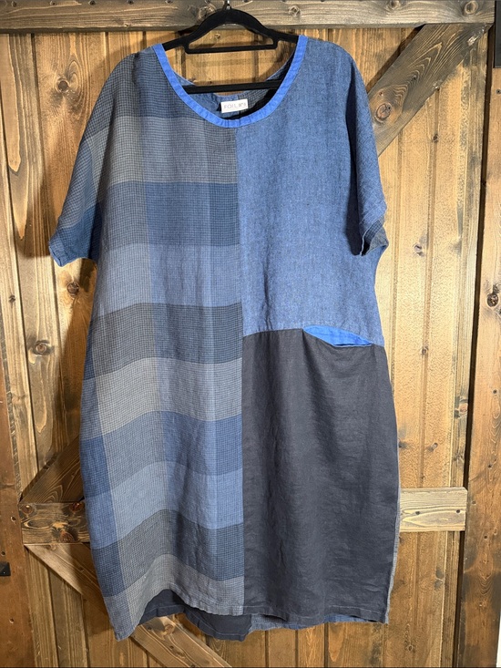 Foil Dresses & Skirts - Folk Patchwork Blue & Navy Midi Dress 💯 Linen